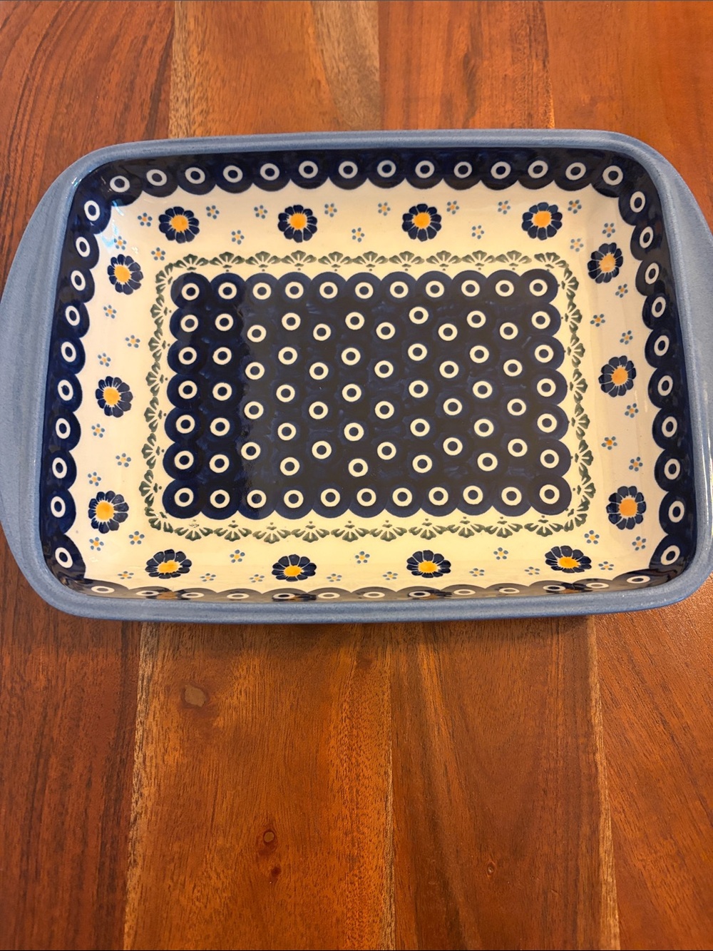 Polish Pottery Ceramic Baking Dish in Blue Floral Pattern